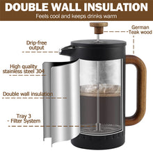 Load image into Gallery viewer, French Press Coffee Maker with Real Wood Handle, Double Wall Insulation &amp; Dual-Filter Screen
