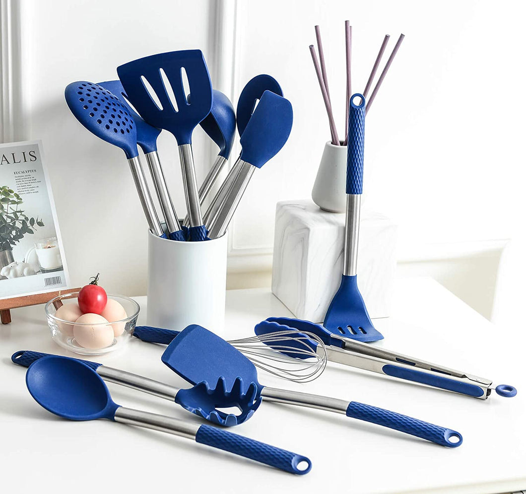 Rorence Silicone Cooking Utensil Kitchen Utensil Set 12 Pieces- Blue/Pink/Green