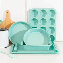 Load image into Gallery viewer, Rorence Bakeware Set Nonstick: Cookie Sheet, Rectangular Cake Pan, 2 Round Cake Pans, Muffin Pan, Loaf Pan &amp; Cooling Rack - Set of 7 - Mint Green
